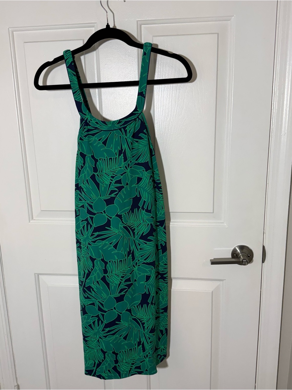 Lands' End Navy and Green Tropical-Leaf Midi swim Dress